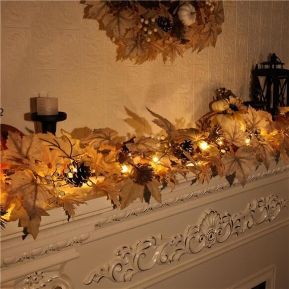 Realistic Fall Garland with Lights, 6 FT Real Touch Feel Leaves Garland - Picture 2 of 7